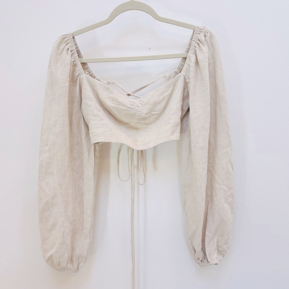 Adika Cropped Milkmaid Top Balloon Sleeves Lace Up Back Coquette Cream Beige S